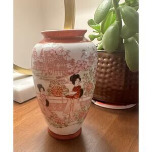 Vintage Japanese Kutani Geisha Scene Porcelain Vase Hand Colored Asian Landscape